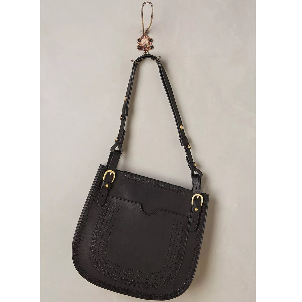 Jasper & Jeera Anthropologie Black Saddle Purse Leather Crossbody Boho Western